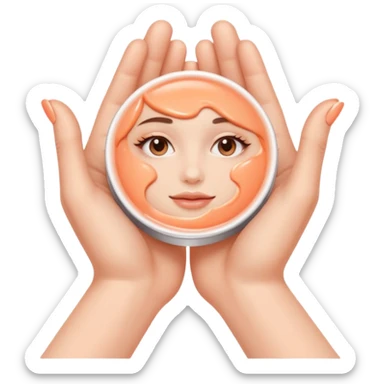 Minimal emoji of 2 hands gently applying skincare cream, soft nude and peach tones, clean beauty aesthetic, calm and elegant, subtle glow sticker