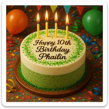 A round matcha white chocolate cake with green sprinkles, candles on top, party atmosphere, detailed and colorful, 'Happy 10th Birthday Phailin.' written in elegant script on the cake. sticker