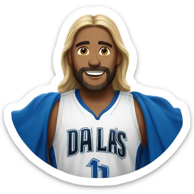 An emoji that looks like Jesus with a Dallas mavericks jersey  sticker