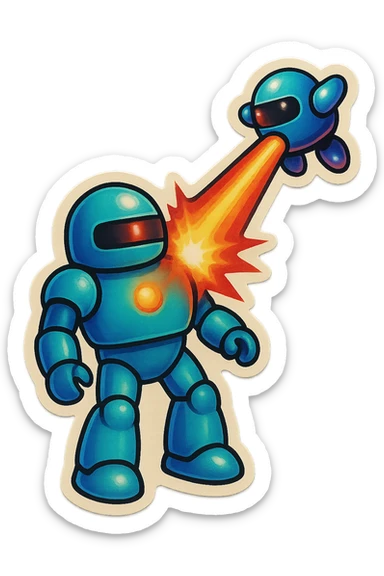 new character...robot being hit with a red beam by a flying robot sticker