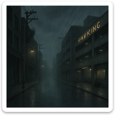 a dark, drab industrial street, dim lights, thick fog and rain. no cars. parking structure. pre-twilight gray. dystopian futurepunk, but the streets are clean sticker