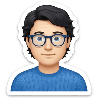 Caucasian male with wavy black hair wearing eyeglasses and a blue long sleeve pullover sweater sticker