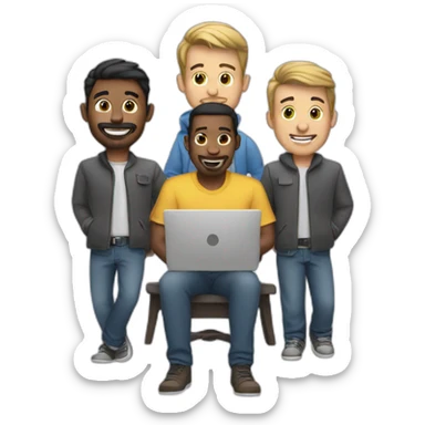 three men with a laptop sticker