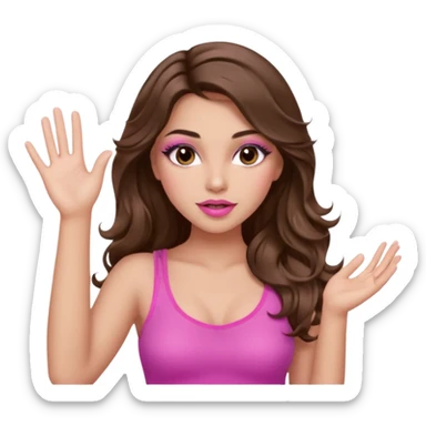 girl with long wavy brown hair, brown eyes, long lashes makeup, sexy pink lips, light to medium complexion, wearing a pink sexy top, one hand in the air high sticker