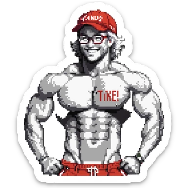 Thin man with defined muscles, black and white cap with VANOMAS text, bare torso, red shorts, clear glasses, messy light hair, flexing and smiling sticker