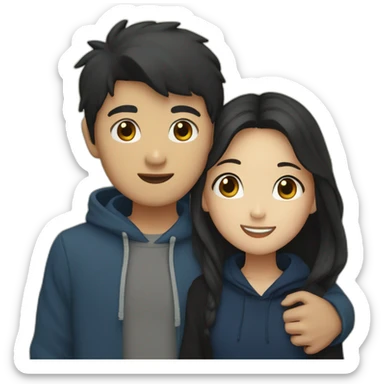 Asian boy with black hair and dark blue hoodie hugging girl with brown hair and black blouse sticker