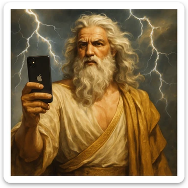 Zeus, the Greek god, holding an iPhone, visually striking style sticker