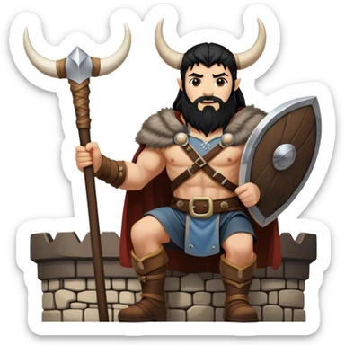 vikingo, con cuerno de vaca, pelo negro, parado en torre de Asgard. sticker
