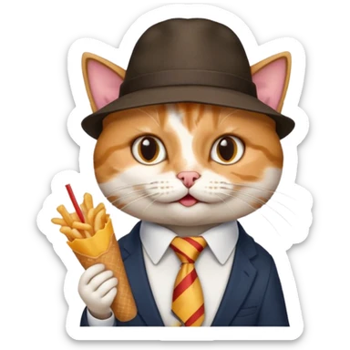 fast food eating cat waring tie and hat  sticker