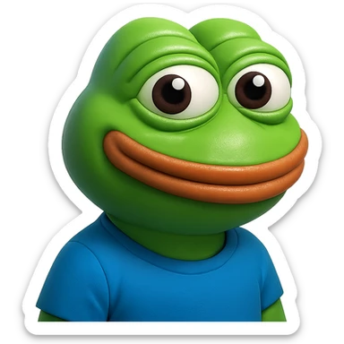 pepe in
- 3d style
- bright green
- blue shirt
- smiling
- looking straight at the camera
- good highlights and shadows
- 30deg angled towards the right sticker