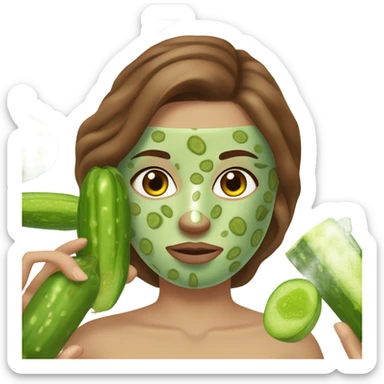 Girl with freackles Brown hair and white skin wears skin care mask Thats Green and on top of that pickle on her closed eyes sticker