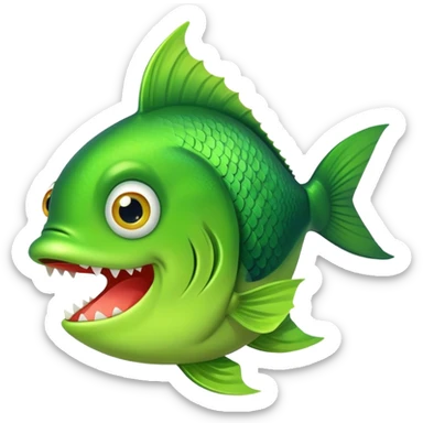 super derpy bright green fish shown from side profile facing right, but with both bulging eyes comically looking at viewer, buck teeth, drooling mouth, flat 2D side view only sticker