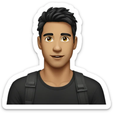 young Australian man, black hair, shaved, black tshirt sticker