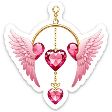 Reddish-pinkish and golden warm-colored romantic lush beautiful pretty hanging crystal-catcher aesthetic with hearts and sparkles and and white angel wings hanging from a gold chain sticker
