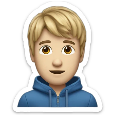 realistic guy he has bangs that go to the right, he has these long bangs that reach his shoulders, he has blue eyes and a blue jacket sticker