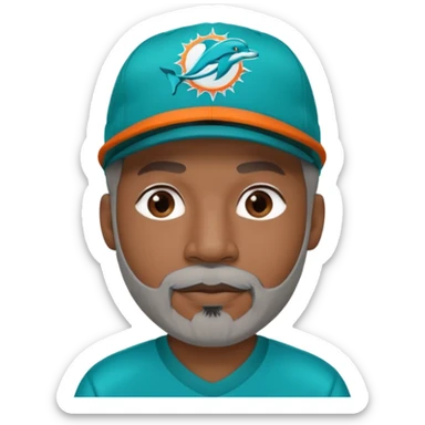 Black man with gray goatee wearing a Dolphins cap sticker