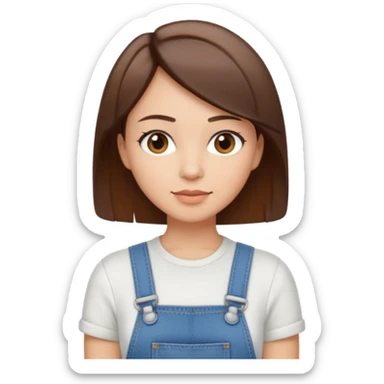 create an emoji of a woman but with short straight brown hair, light skin, dark brown eyes and white top with an overall sticker