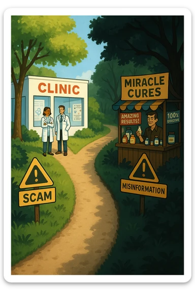 two paths diverge—one leads to a trustworthy clinic with doctors and scientific posters, the other to a shady stand selling “miracle” medicines with exaggerated claims. Signs along the second path warn of scams and misinformation. The scene encourages viewers to choose reliable, science-based healthcare. sticker