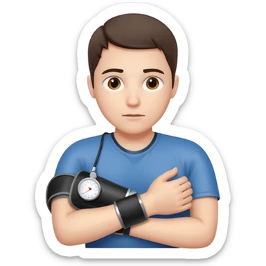 blood pressure cuff wrapped around upper arm with dial reading female sticker