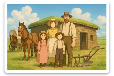 A pioneer family on the great plains from the 1840s standing in front of a sod house with their horse and wagon and a basic plough sticker