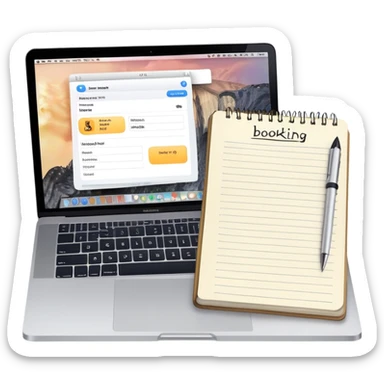 online booking system on MacBook screen next to an old-style paper notebook with a pen, both fully visible, no background, no cut-off edges sticker