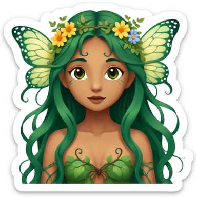 Cinematic Realistic Forest Nymph Fairy portrait, with butterfly wings and depicted with lifelike, sun-kissed tanned skin that radiates an earthy glow, softly illuminated by natural, dappled light. Her long, flowing dark green hair is intricately detailed and interwoven with delicate vines and wildflowers, while her deep, soulful eyes mirror the wisdom of the forest. Dressed in an attire inspired by nature’s palette—with subtle botanical motifs—the portrait exudes a soft, enchanted glow that melds realism with woodland magic. sticker