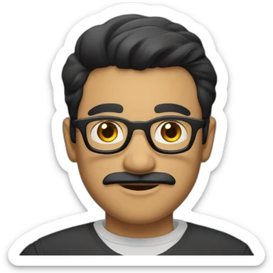 a light skin Pakistani man, wearing round glasses, short moustache, black hair, collared shirt, structured manly face sticker