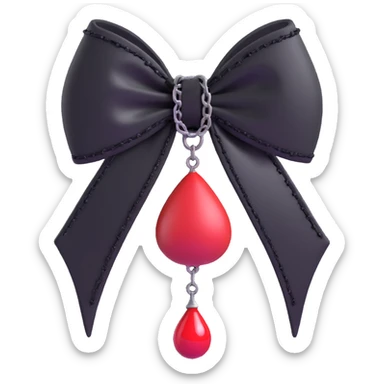 3D emoji gothic bow with midnight black leather, chain fringe, and a single blood red teardrop gem sticker