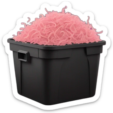 Black cubic plastic container with wood shavings and pink worms inside sticker