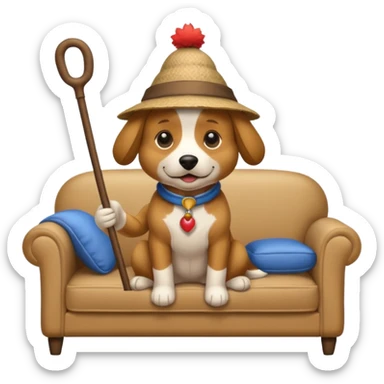 A dog that has a stick hat and a sofa shirt sticker