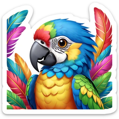 Cinematic Cute Macaw Portrait Emoji, Head tilted playfully and inquisitively, with a dazzling array of colorful plumage and round, sparkling eyes filled with charm, Simplified yet irresistibly adorable features, highly detailed, glowing with a warm, friendly tropical glow, high shine, affectionate and lively, stylized with a touch of whimsical vibrancy, bright and endearing, soft glowing outline, capturing the essence of a mischievous yet loving parrot that seems as if it could flutter out of the screen into your arms! sticker