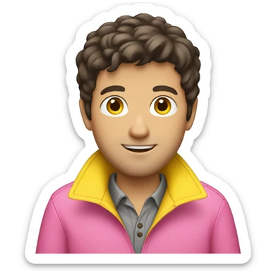 dark brown haired adult man wearing pink polo and yellow raincoat sticker