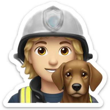 White firefighter with blue eyes and brown hair holding one black retriever sticker