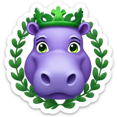 A purple hippo with green eyes and a laurel wreath sticker