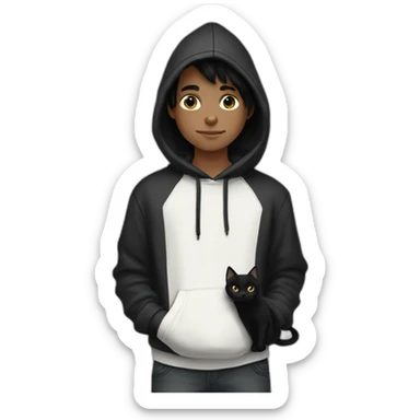black haired and white skin boy who wears hoodie holds a black cat sticker