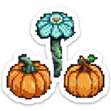 heart with a small mushroom on the left and a pumpkin on the right, vibrant colors, pixel art style sticker