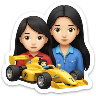 black long black haired girl kid playing yellow colored formula 1 car toy sticker