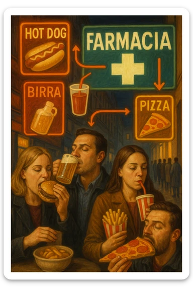 Realistic, vertical scene: a city street filled with bright, enticing advertisements for junk food and alcohol. In the foreground, people indulge in unhealthy foods and drinks, while in the background, a large pharmacy sign glows, and a line of people waits to buy medicine. Subtle arrows or visual cues connect the unhealthy choices to the need for medication, highlighting the cycle. in italiano sticker