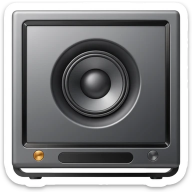 Minimal emoji icon of a modern metallic studio monitor, front view, detailed geometry, dark metallic body, subtle highlights, isolated sticker