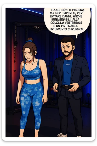 fai questa immagine in versione fumetto/manga/webtoon a colori, il manga mostra l'uomo che risponde alla donne:
Succede spesso purtroppo. 
Forse non ti piacerà ma devi saperlo, per evitare danni, anche irreversibili, alla colonna vertebrale e un potenziale intervento chirurgico. sticker