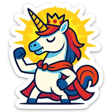 unicorn king standing triumphantly wearing a crown with a bright glowing aura behind symbolizing flawless victory and world conquest sticker