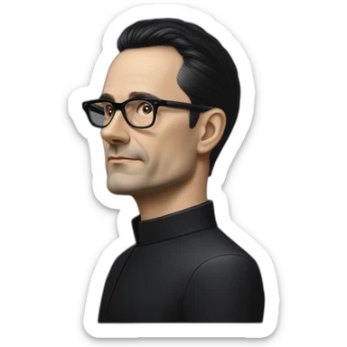 small photo realistic Ralf Hutter from Kraftwerk, short straight black hair, Dark Brown eyes, black glasses, thin, black shirt, side view, riding open top black tesla sticker
