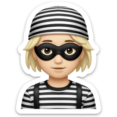 Realistic ios emoji-style portrait of a classic burglar, a black eye mask and a black-and-white striped shirt. Highly detailed, natural skin texture, soft cinematic lighting, realistic shadows, smooth gradients, clean outline, glossy reflections in the eyes. emoji-like hair, burglar’s hat  sticker