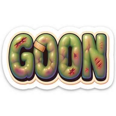 The word GOON with amorphous, glossy, blobby muscle shapes under the skin, featuring different styles of bandages, various bruises, and new cartoonish wounds. Retro sticker style, no background. sticker