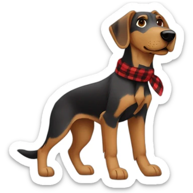 adult 75% Coonhound 25% German Shepherd mix dog with visible tail wearing small pointed red buffalo plaid bandana full body walking left quickly sticker