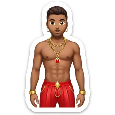 Ginuwine with dark brown hair, shirtless with necklace, latex red harem pants sticker