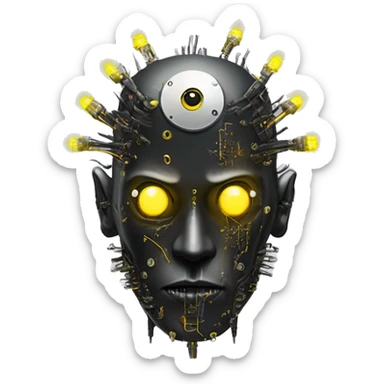 black metal cyborg head with circuitry, one artificial eyeball, and yellow Mohawk goatee sticker