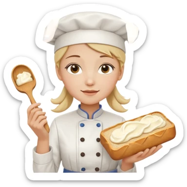 Young female baker - white chef hat, holding cream piping bag to milk oil on bread sticker