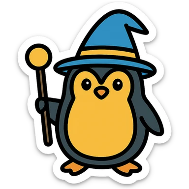 A penguin wizard holding a magic staff in color outline icon style, no background sticker