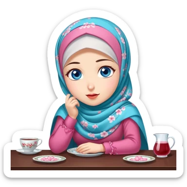 Turkish beautiful finish Konya girl blue eyes with cherry blossom floral hijab islamic dress and with yummy Drooling face on the table sticker